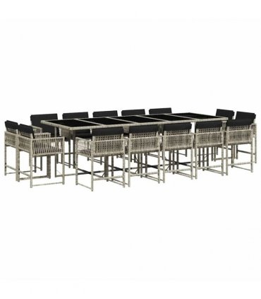 vidaXL 15 Piece Garden Dining Set with Cushions Light Grey Poly Rattan