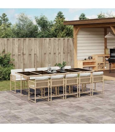 vidaXL 11 Piece Garden Dining Set with Cushions Beige Poly Rattan