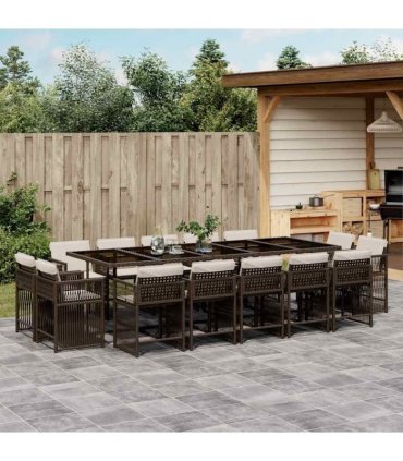 vidaXL 15 Piece Garden Dining Set with Cushions Brown Poly Rattan