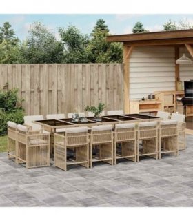 vidaXL 15 Piece Garden Dining Set with Cushions Beige Poly Rattan