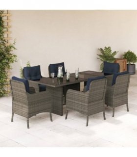vidaXL 7 Piece Garden Dining Set with Cushions Grey Poly Rattan