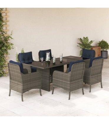 vidaXL 7 Piece Garden Dining Set with Cushions Grey Poly Rattan
