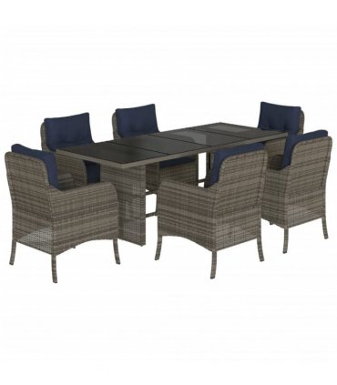 vidaXL 7 Piece Garden Dining Set with Cushions Grey Poly Rattan