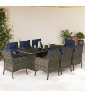 vidaXL 9 Piece Garden Dining Set with Cushions Grey Poly Rattan