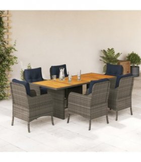 vidaXL 7 Piece Garden Dining Set with Cushions Grey Poly Rattan