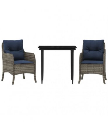 vidaXL 3 Piece Garden Dining Set with Cushions Grey Poly Rattan