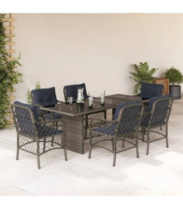 vidaXL 7 Piece Garden Dining Set with Cushions Grey Poly Rattan