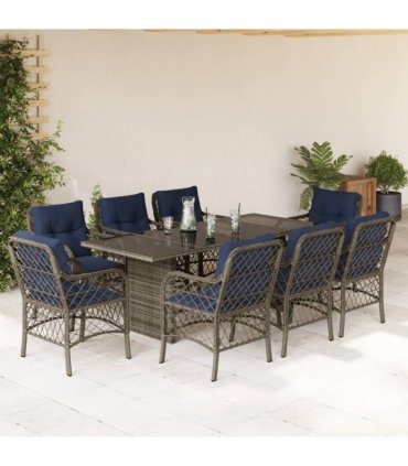 vidaXL 9 Piece Garden Dining Set with Cushions Grey Poly Rattan