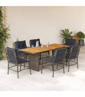 vidaXL 7 Piece Garden Dining Set with Cushions Grey Poly Rattan