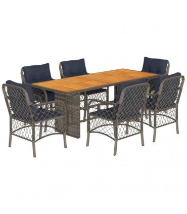 vidaXL 7 Piece Garden Dining Set with Cushions Grey Poly Rattan