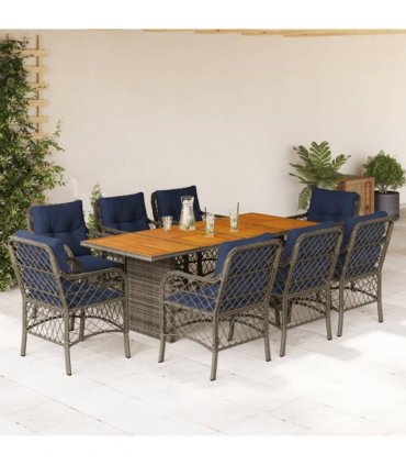 vidaXL 9 Piece Garden Dining Set with Cushions Grey Poly Rattan