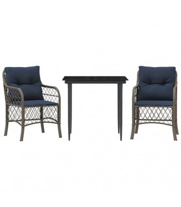 vidaXL 3 Piece Bistro Set with Cushions Grey Poly Rattan