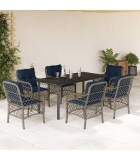 vidaXL 7 Piece Garden Dining Set with Cushions Grey Poly Rattan