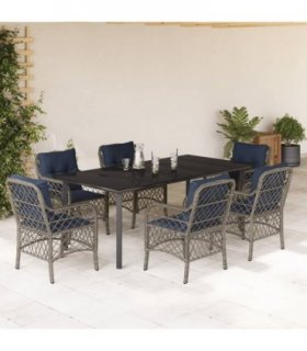 vidaXL 7 Piece Garden Dining Set with Cushions Grey Poly Rattan