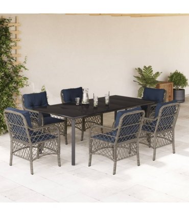 vidaXL 7 Piece Garden Dining Set with Cushions Grey Poly Rattan