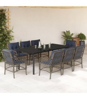 vidaXL 9 Piece Garden Dining Set with Cushions Grey Poly Rattan