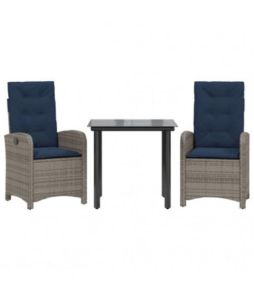vidaXL 3 Piece Garden Dining Set with Cushions Grey Poly Rattan