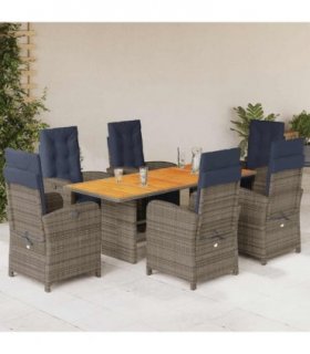 vidaXL 7 Piece Garden Dining Set with Cushions Grey Poly Rattan