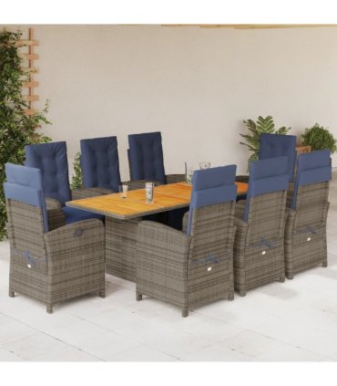 vidaXL 9 Piece Garden Dining Set with Cushions Grey Poly Rattan