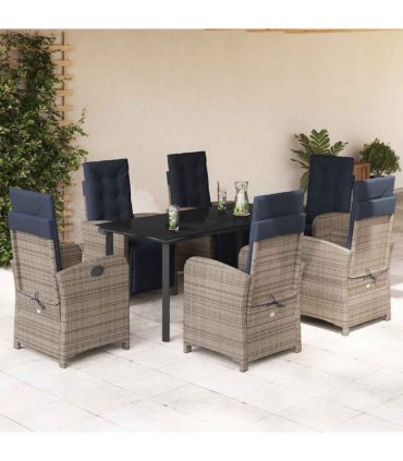 vidaXL 7 Piece Garden Dining Set with Cushions Grey Poly Rattan