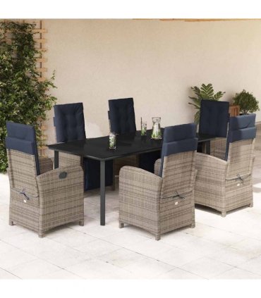 vidaXL 7 Piece Garden Dining Set with Cushions Grey Poly Rattan