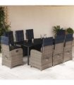 vidaXL 9 Piece Garden Dining Set with Cushions Grey Poly Rattan