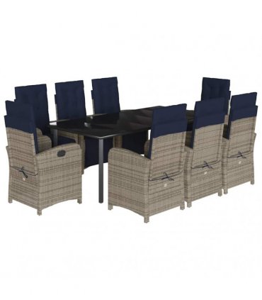 vidaXL 9 Piece Garden Dining Set with Cushions Grey Poly Rattan