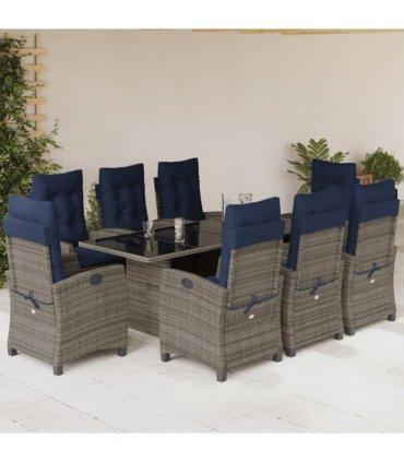 vidaXL 9 Piece Garden Dining Set with Cushions Grey Poly Rattan