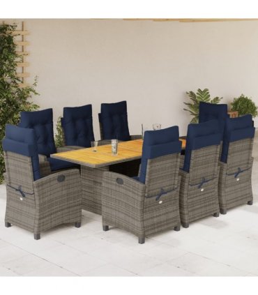 vidaXL 9 Piece Garden Dining Set with Cushions Grey Poly Rattan