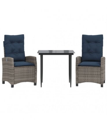 vidaXL 3 Piece Garden Dining Set with Cushions Grey Poly Rattan