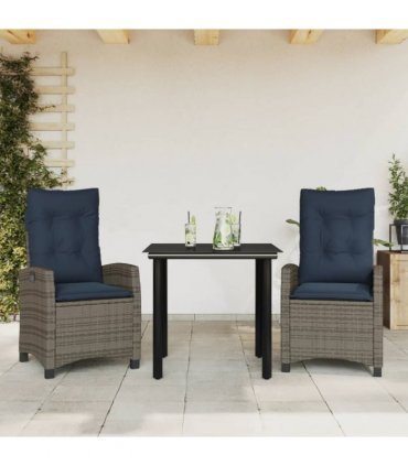 vidaXL 3 Piece Garden Dining Set with Cushions Grey Poly Rattan