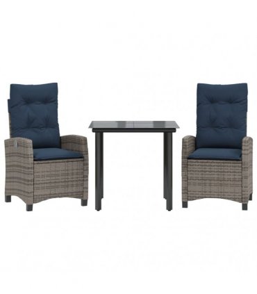 vidaXL 3 Piece Garden Dining Set with Cushions Grey Poly Rattan