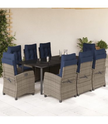 vidaXL 9 Piece Garden Dining Set with Cushions Grey Poly Rattan
