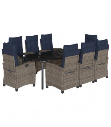vidaXL 9 Piece Garden Dining Set with Cushions Grey Poly Rattan