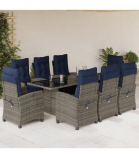 vidaXL 9 Piece Garden Dining Set with Cushions Grey Poly Rattan