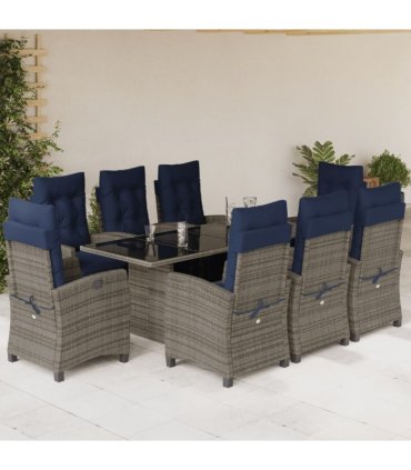 vidaXL 9 Piece Garden Dining Set with Cushions Grey Poly Rattan