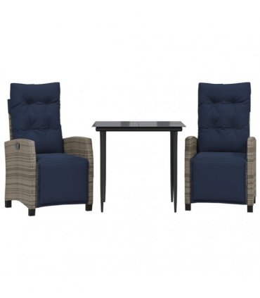 vidaXL 3 Piece Garden Dining Set with Cushions Grey Poly Rattan
