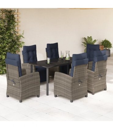 vidaXL 7 Piece Garden Dining Set with Cushions Grey Poly Rattan