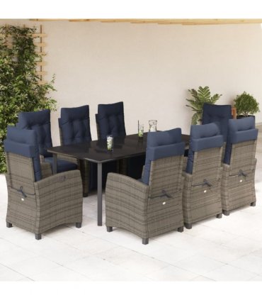 vidaXL 9 Piece Garden Dining Set with Cushions Grey Poly Rattan