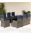 vidaXL 9 Piece Garden Dining Set with Cushions Grey Poly Rattan