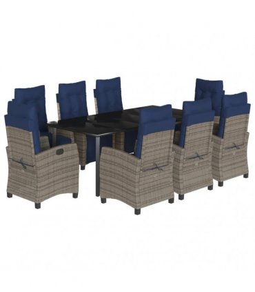 vidaXL 9 Piece Garden Dining Set with Cushions Grey Poly Rattan
