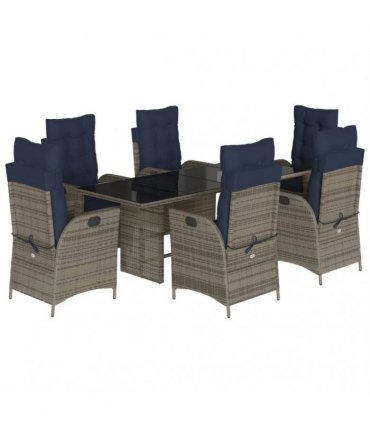 vidaXL 7 Piece Garden Dining Set with Cushions Grey Poly Rattan