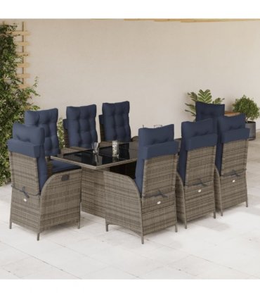 vidaXL 9 Piece Garden Dining Set with Cushions Grey Poly Rattan