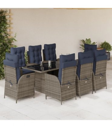 vidaXL 9 Piece Garden Dining Set with Cushions Grey Poly Rattan