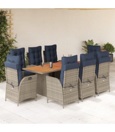 vidaXL 9 Piece Garden Dining Set with Cushions Grey Poly Rattan