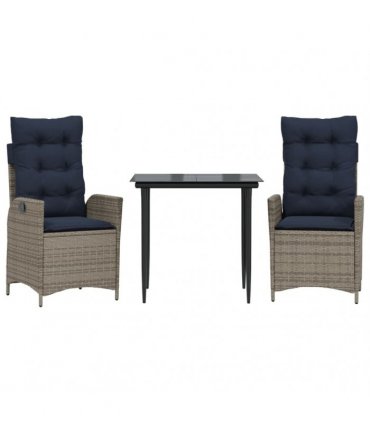 vidaXL 3 Piece Garden Dining Set with Cushions Grey Poly Rattan