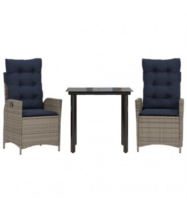 vidaXL 3 Piece Garden Dining Set with Cushions Grey Poly Rattan