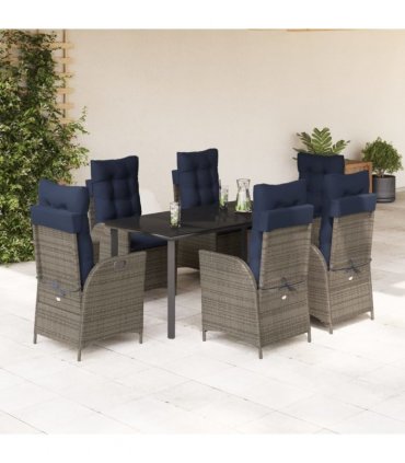 vidaXL 7 Piece Garden Dining Set with Cushions Grey Poly Rattan