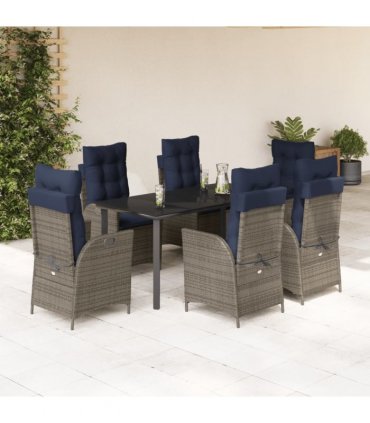 vidaXL 7 Piece Garden Dining Set with Cushions Grey Poly Rattan