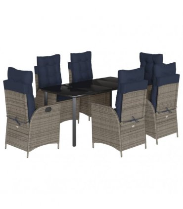 vidaXL 7 Piece Garden Dining Set with Cushions Grey Poly Rattan